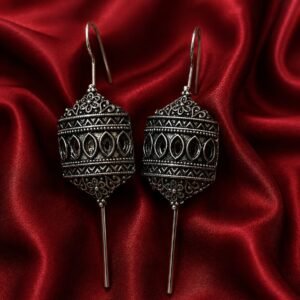 Oxidized Silver Cylindrical Long Drop Earrings