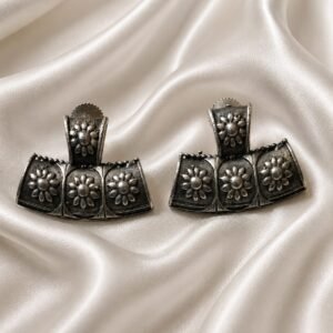 Handcrafted Oxidized Silver Floral Fan Stud Earrings for Women