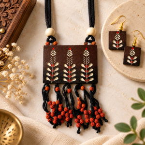 Bohemian Clay Tribal Necklace & Earrings Set with Red Beads and Leaf Motif