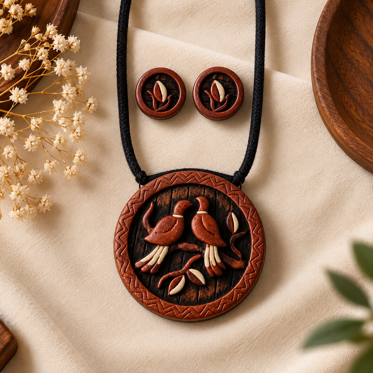 Handcrafted Clay Bird Motif Necklace & Earrings Set