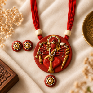 Handcrafted Clay Artistic Pendant Necklace with Traditional Motif & Red Thread
