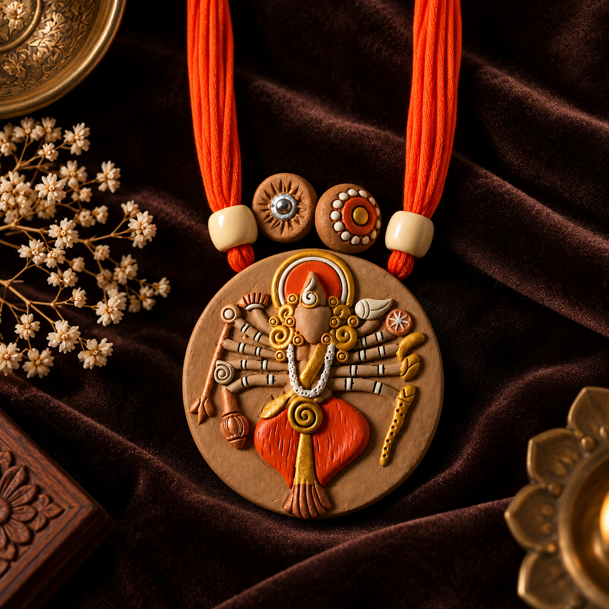 Handcrafted Clay Artistic Pendant Necklace with Traditional Motif & Orange Thread