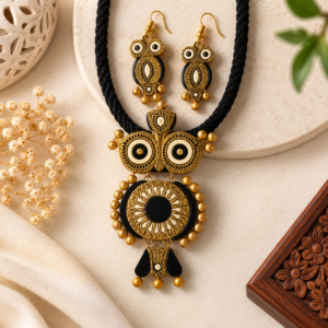 Black & Golden Owl-Inspired Clay Necklace & Earrings Set