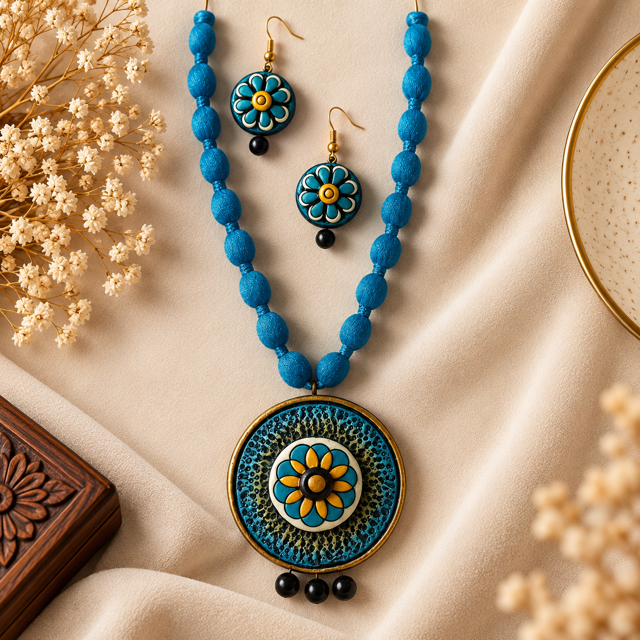 Blue Floral Clay Necklace & Earrings Set – Handmade Statement Jewellery