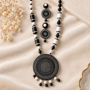 Black & White Tribal Clay Necklace & Earrings Set
