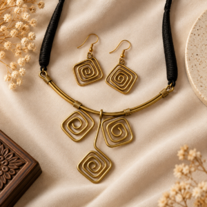 Handcrafted Brass Spiral Pendant Necklace Set